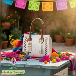 White Cognac Brown Cross Stitch Embossed Tooled Artisan LEATHER Hobo Bag Purse